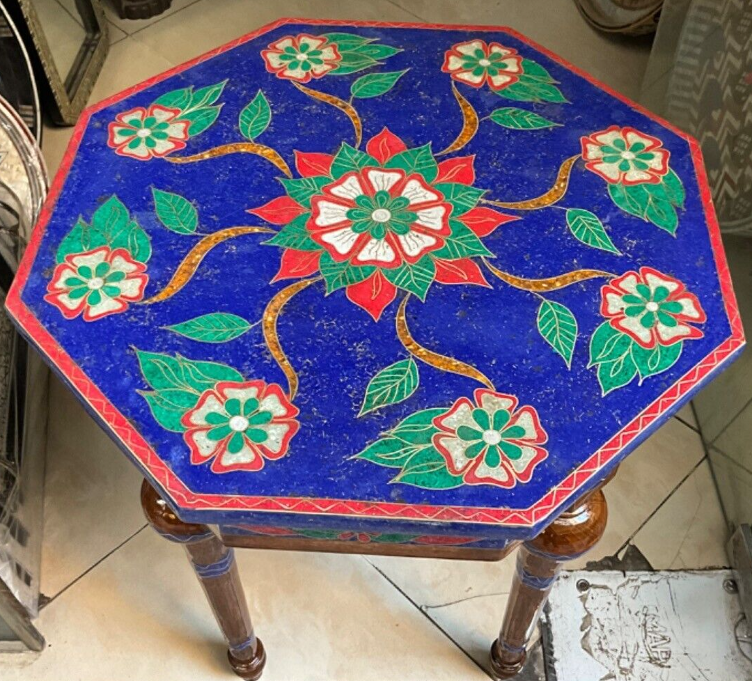 Handmade Wooden End Table Carving Wood Table Home Decor Mother of Pearl Inlay