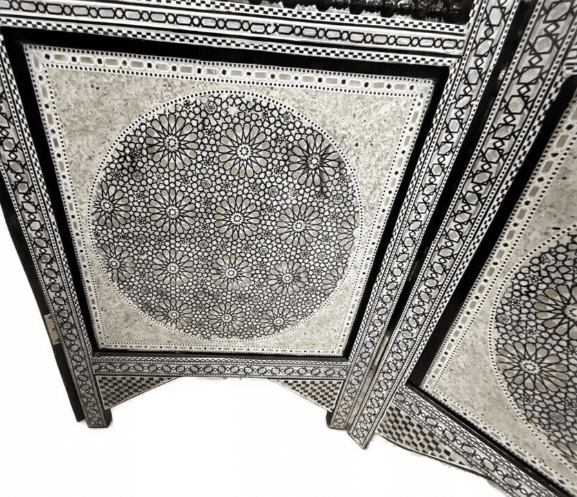 3 Panel Folding Wooden Room Divider Partition Privacy Screen Carving Wood Inlay - Laila Hand Made Gifts