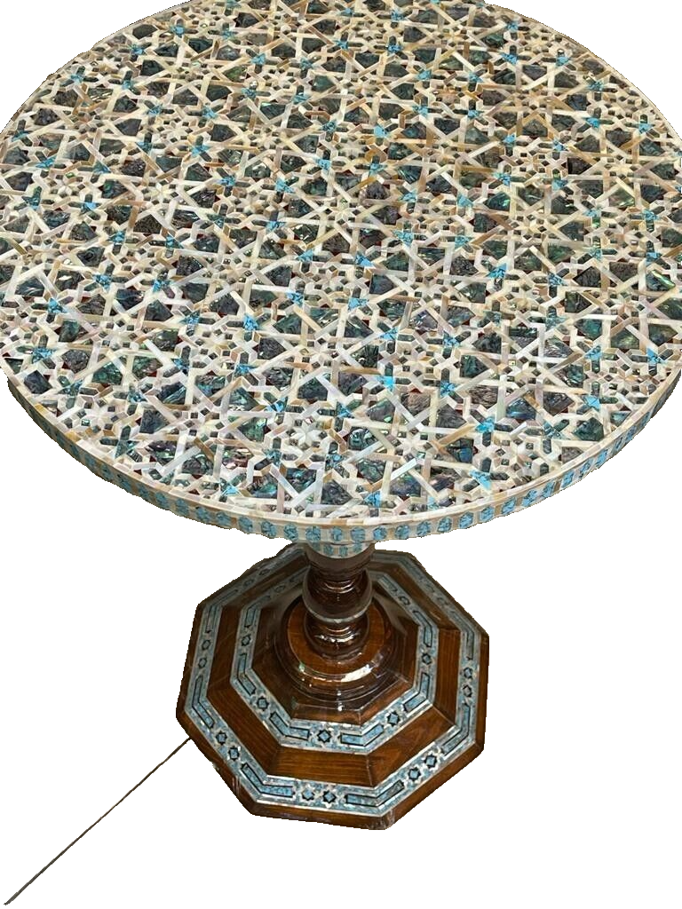 Handmade Wooden End Table Carving Wood Table Home Decor Mother of Pearl Inlay