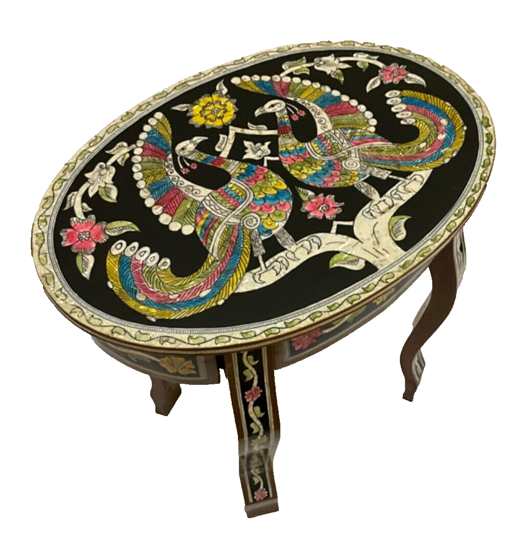 Handmade Wooden End Table Carving Wood Table Home Decor Mother of Pearl Inlay