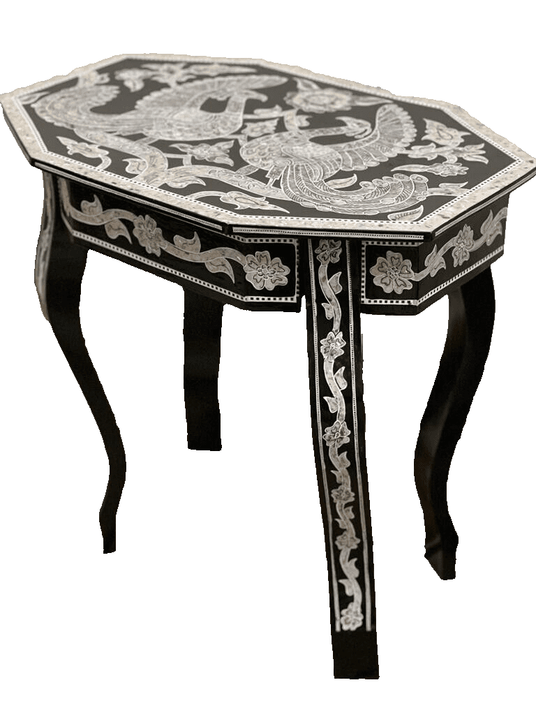 Handmade Wooden End Table Carving Wood Table Home Decor Mother of Pearl Inlay - Laila Hand Made Gifts