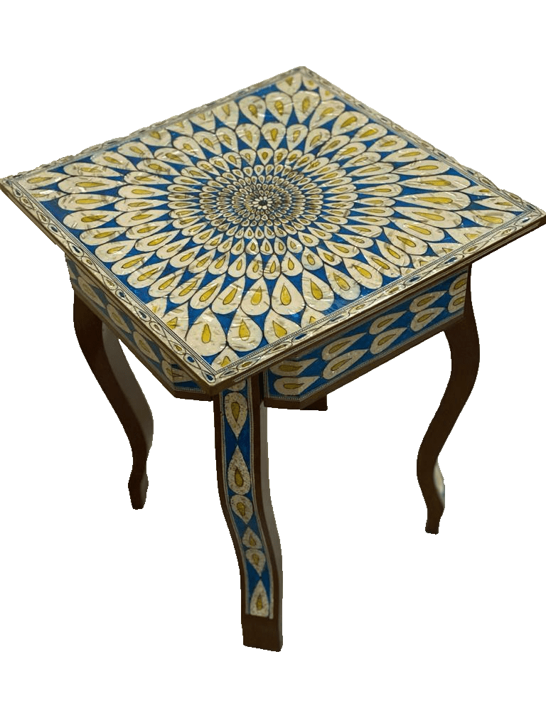 Handmade Wooden End Table Carving Wood Table Home Decor Mother of Pearl Inlay - Laila Hand Made Gifts