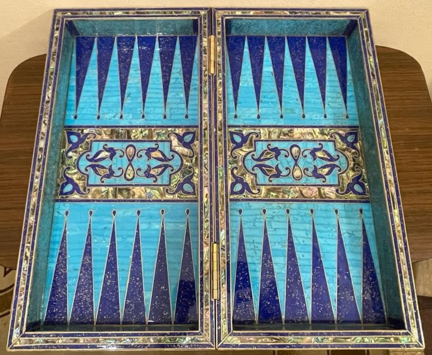 Handmade, Wooden Backgammon Board, Chess Board, Mother of Pearl, Gemstone Inlay