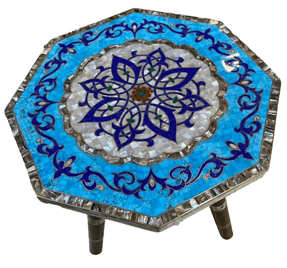 Handmade Wooden End Table Carving Wood Table Home Decor Mother of Pearl Inlay - Laila Hand Made Gifts