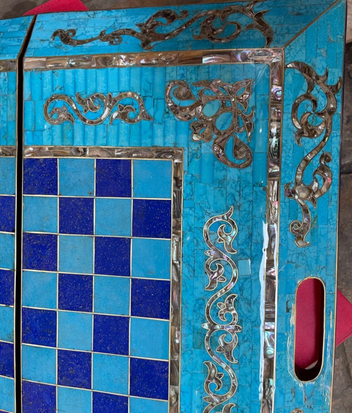 Handmade, Wooden Backgammon Board, Chess Board, Gemstones & Shell Inlay (25.6")