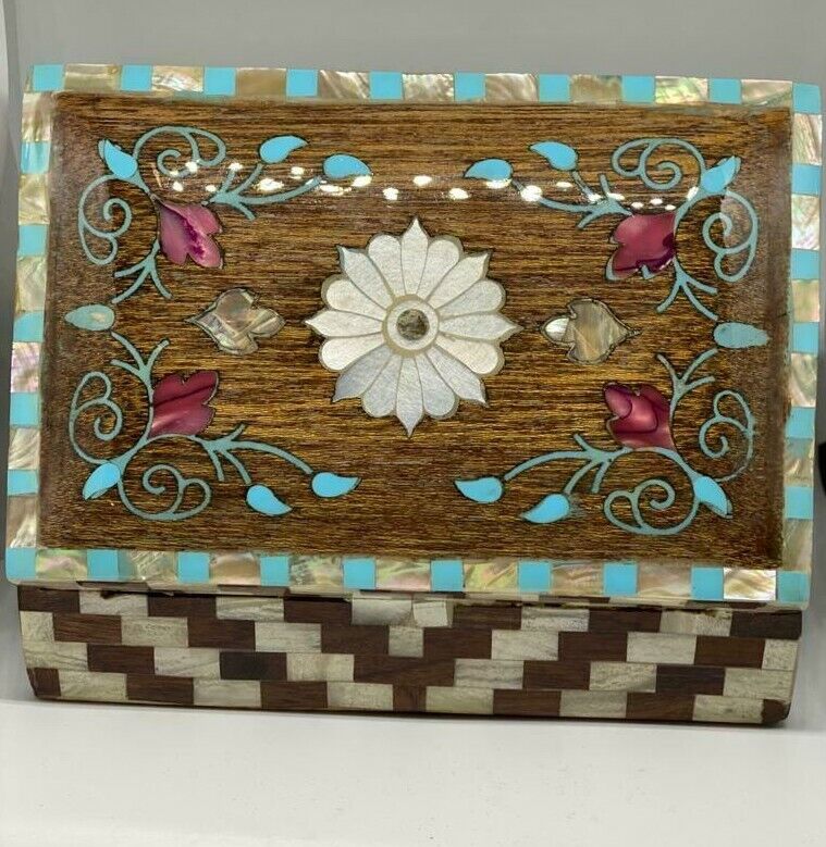 Handmade Wooden Jewelry Box Wood Trinket Storage Wood Box Mother of Pearl Inlay