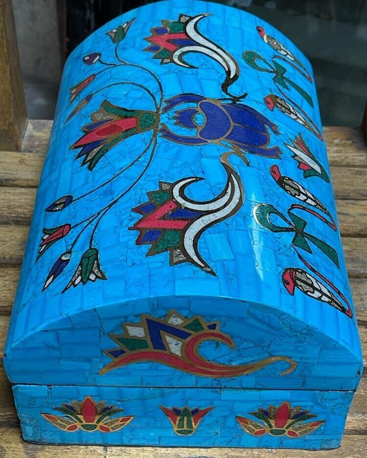 Handmade Antique Wood Jewelry Box, Gift Box, Wood Box, Inlaid Gemstones & Copper