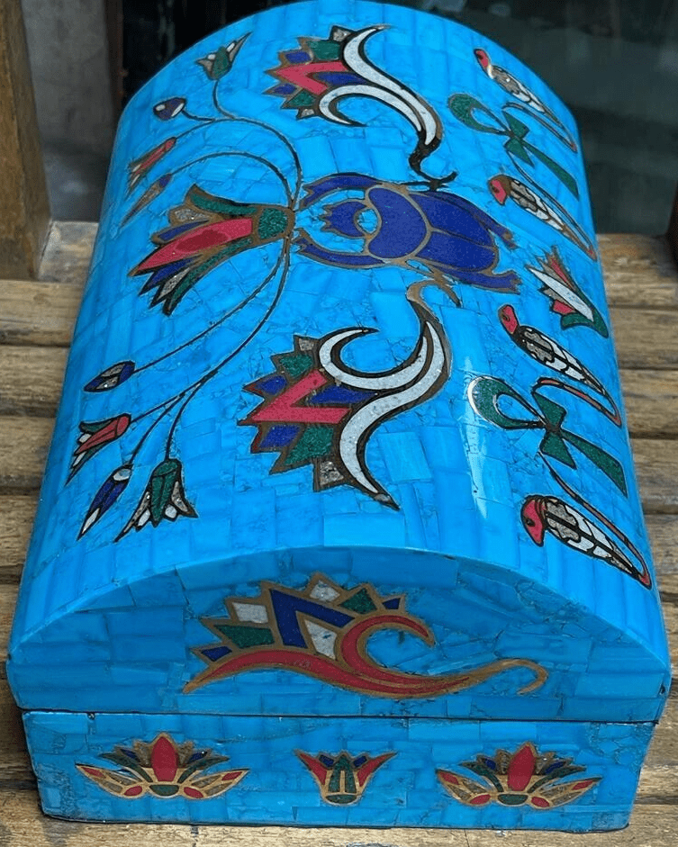 Handmade Antique Wood Jewelry Box, Gift Box, Wood Box, Inlaid Gemstones & Copper - Laila Hand Made Gifts