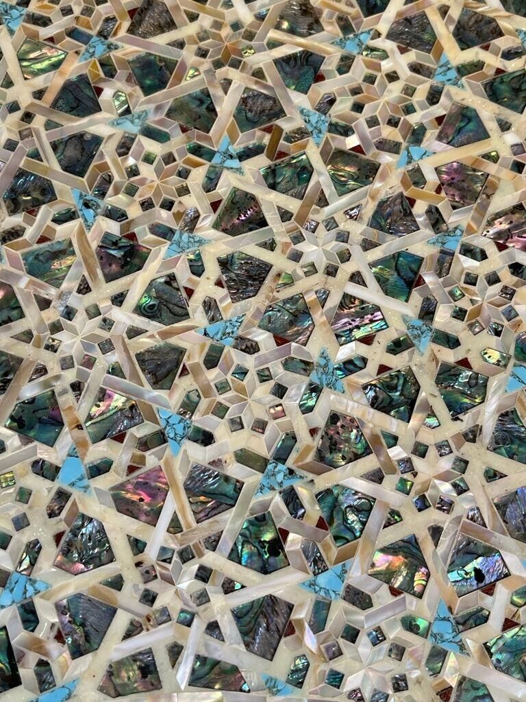 Handmade Wooden End Table Carving Wood Table Home Decor Mother of Pearl Inlay