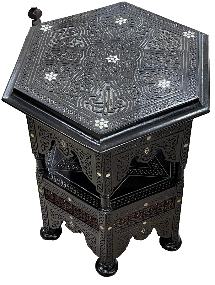 Handmade Wooden End Table Carving Wood Table Home Decor Mother of Pearl Inlay