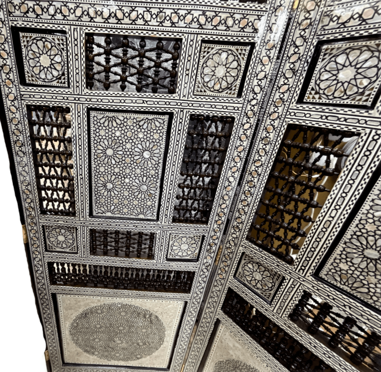 3 Panel Folding Wooden Room Divider Partition Privacy Screen Carving Wood Inlay - Laila Hand Made Gifts