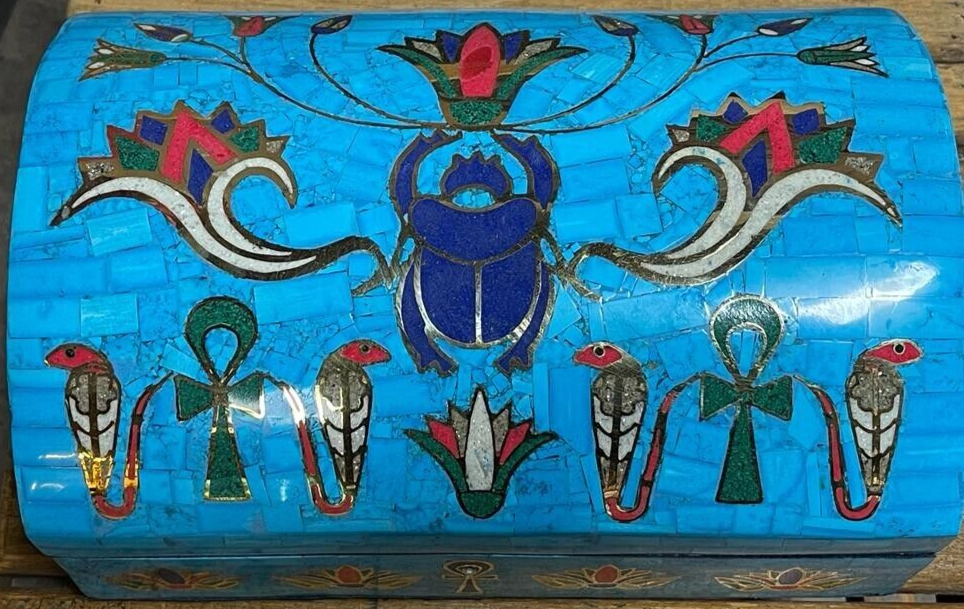 Handmade Antique Wood Jewelry Box, Gift Box, Wood Box, Inlaid Gemstones & Copper