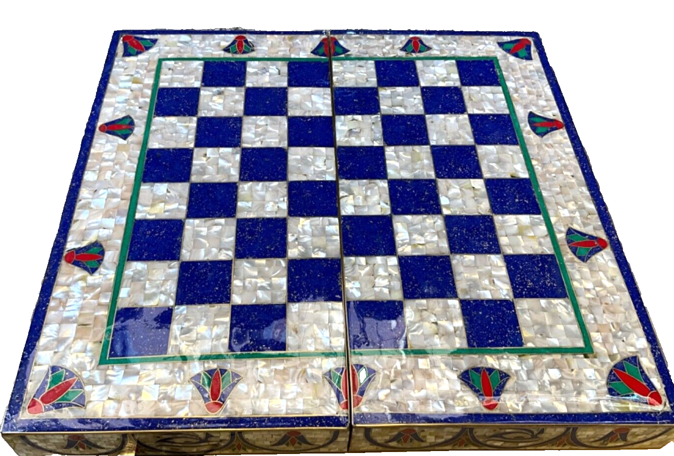 Handmade, Wooden Backgammon Board, Chess Board, Mother of Pearl, Gemstone Inlay
