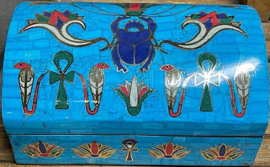 Handmade Antique Wood Jewelry Box, Gift Box, Wood Box, Inlaid Gemstones & Copper