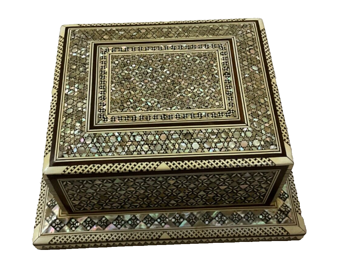 Handmade Antique Wood Cigarette Box Carved Mother Of Pearl Inlay (40 Cigarettes)