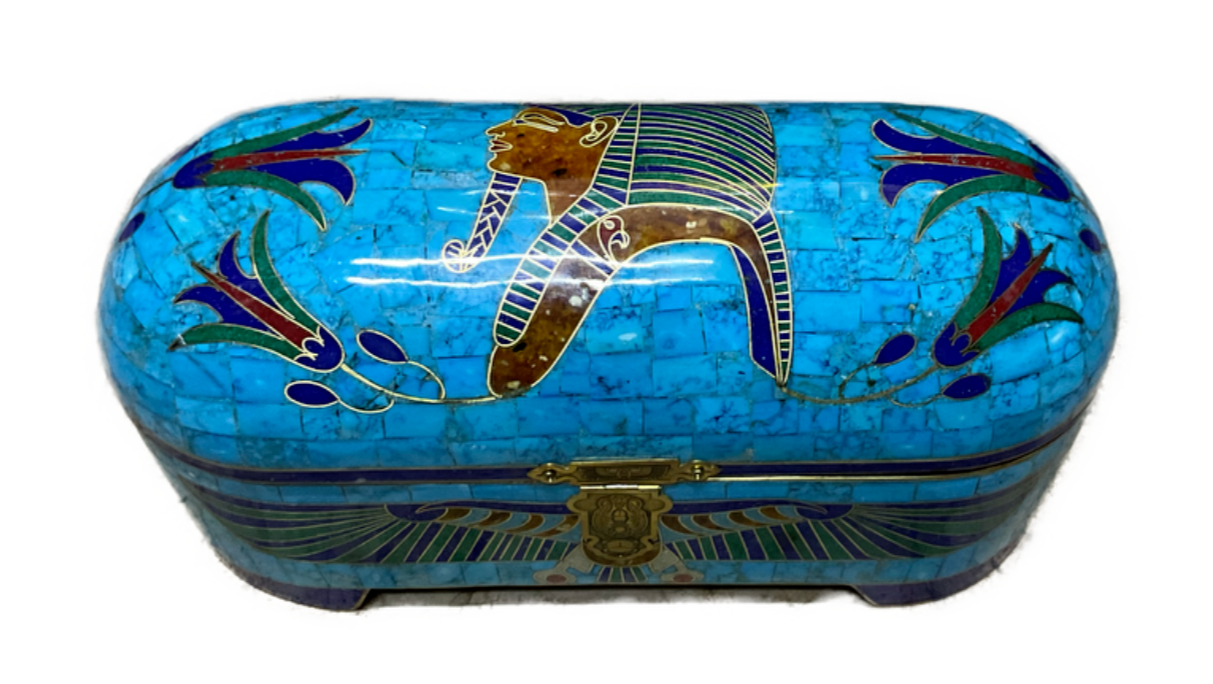 Handmade Antique Wood Jewelry Box, Gift Box, Wood Box, Inlaid Gemstones & Copper