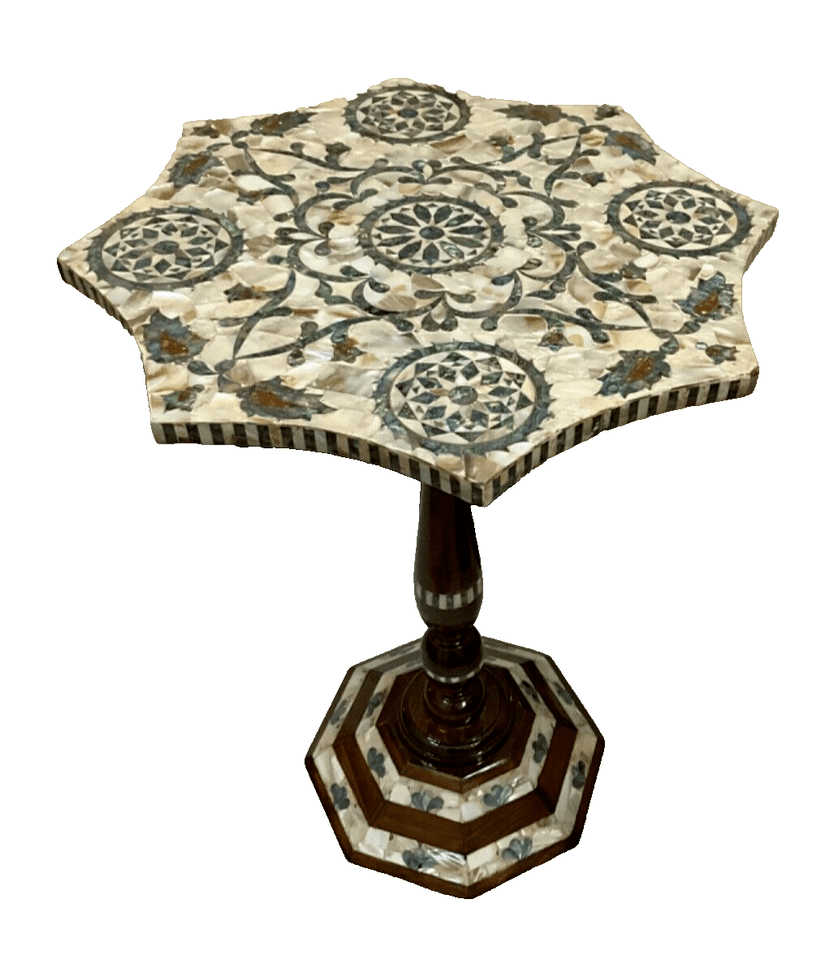 Handmade Wooden End Table Carving Wood Table Home Decor Mother of Pearl Inlay - Laila Hand Made Gifts