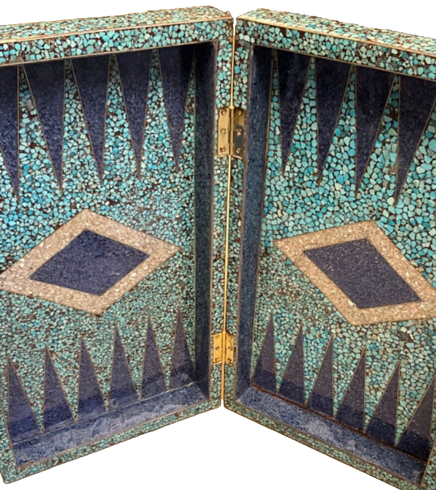 Handmade, Wood Backgammon Board, Wood Chess Board, Inlaid Pearl & Gemstones 20"