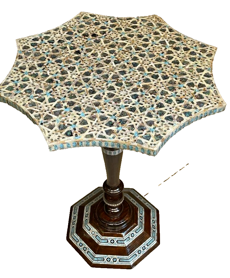 Handmade Wooden End Table Carving Wood Table Home Decor Mother of Pearl Inlay
