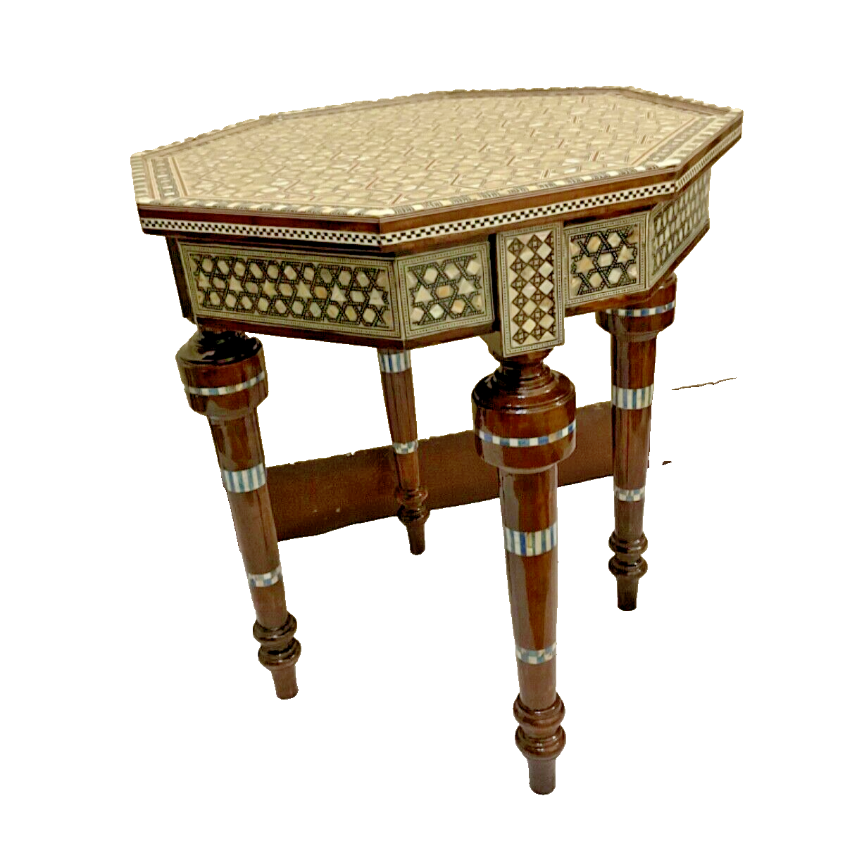 Handmade Wooden End Table Carving Wood Table Home Decor Mother of Pearl Inlay