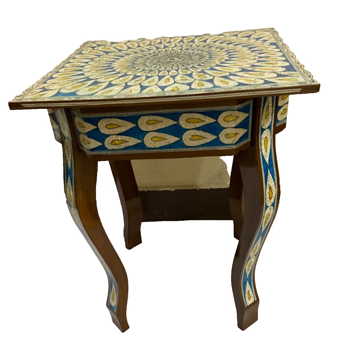 Handmade Wooden End Table Carving Wood Table Home Decor Mother of Pearl Inlay