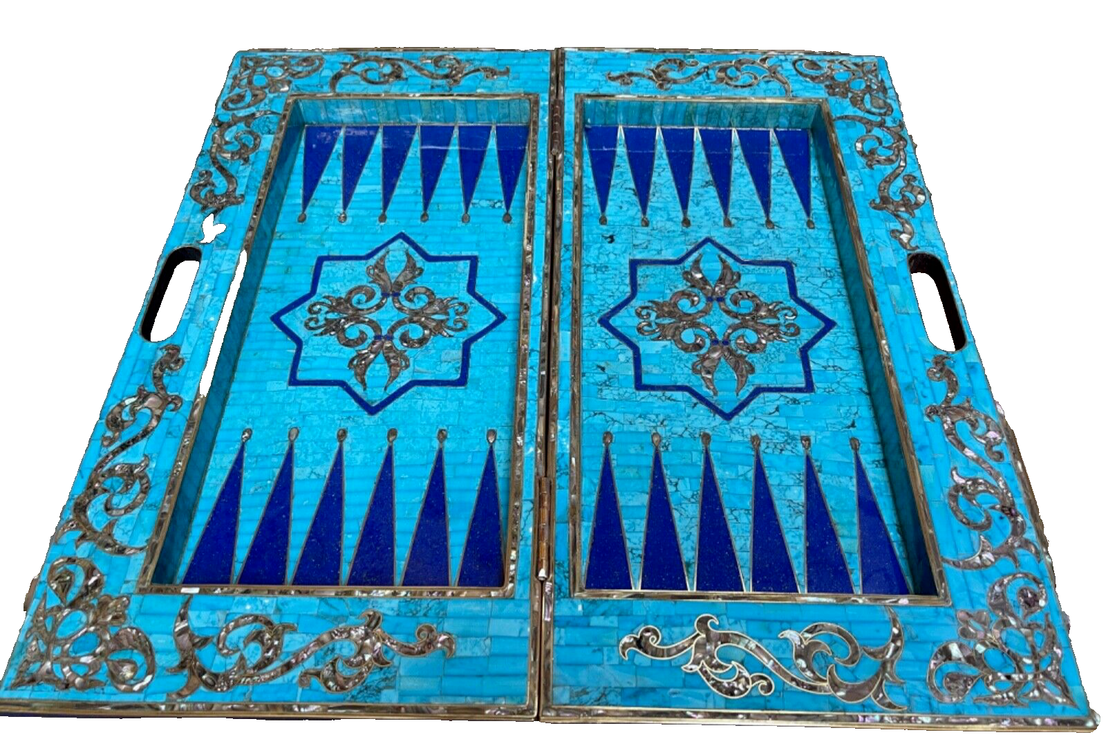 Handmade, Wooden Backgammon Board, Chess Board, Gemstones & Shell Inlay (25.6")