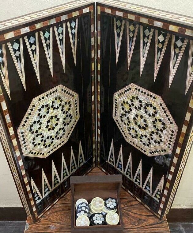 Handmade, Wooden Backgammon Board, Wood Chess Board, Mother of Pearl Inlay (21") - Laila Hand Made Gifts