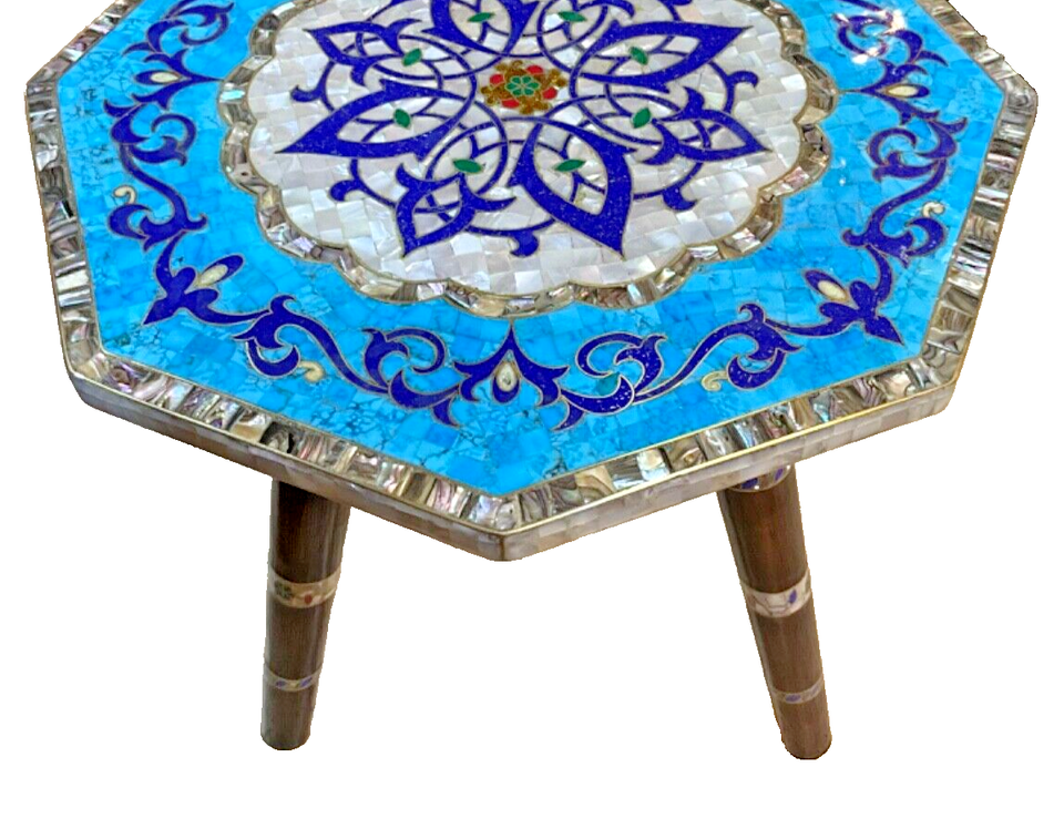 Handmade Wooden End Table Carving Wood Table Home Decor Mother of Pearl Inlay - Laila Hand Made Gifts