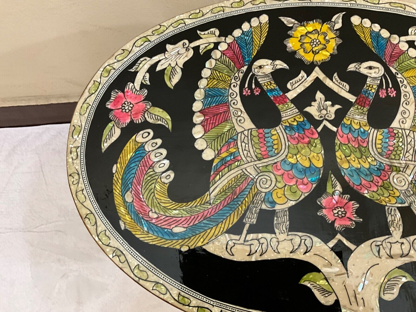 Handmade Wooden End Table Carving Wood Table Home Decor Mother of Pearl Inlay - Laila Hand Made Gifts