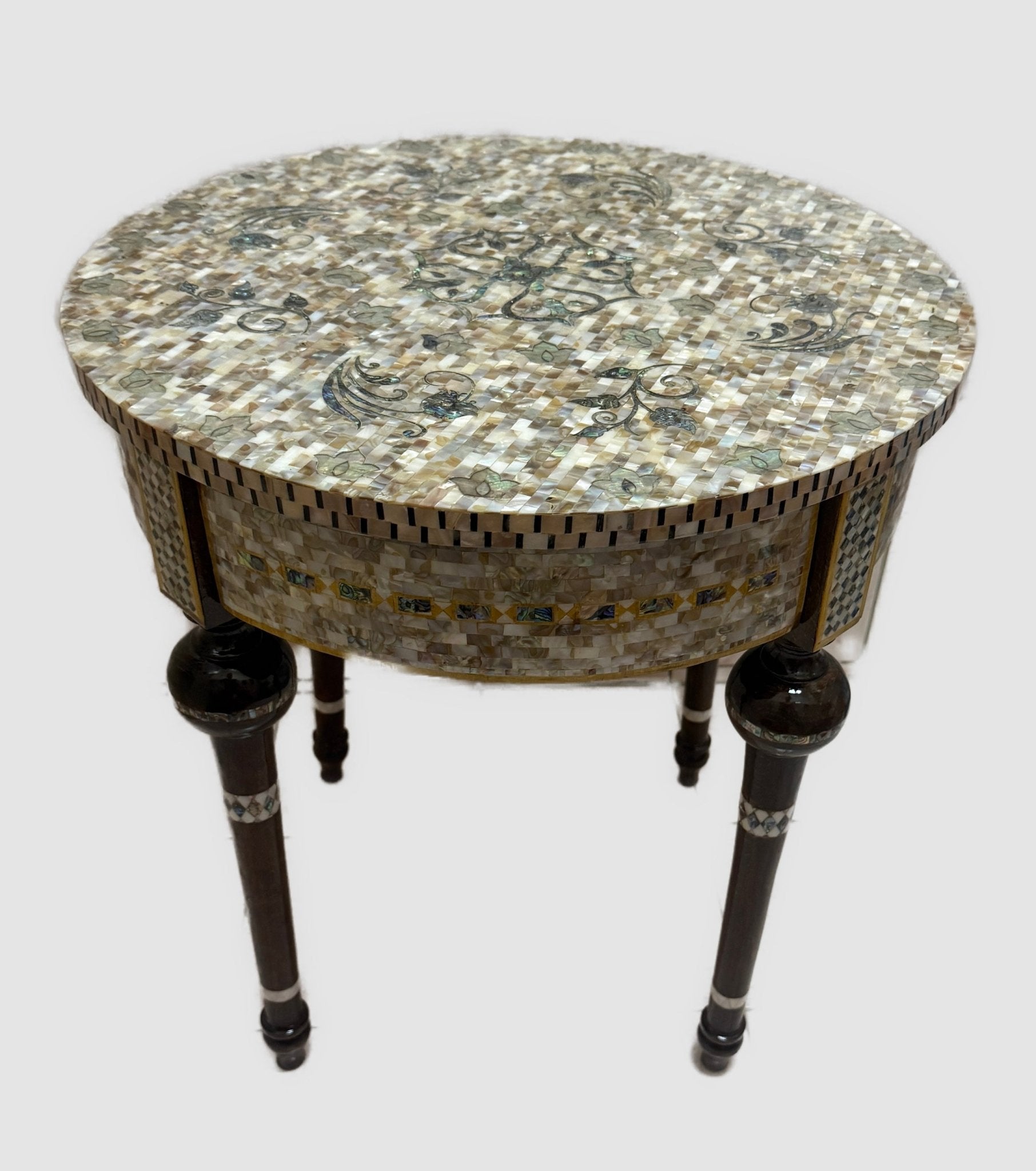 Handmade Mother of Pearl Inlay Round Side Table – 20.4” Wood Accent Table – Luxury Egyptian Artisan Furniture - Laila Hand Made Gifts