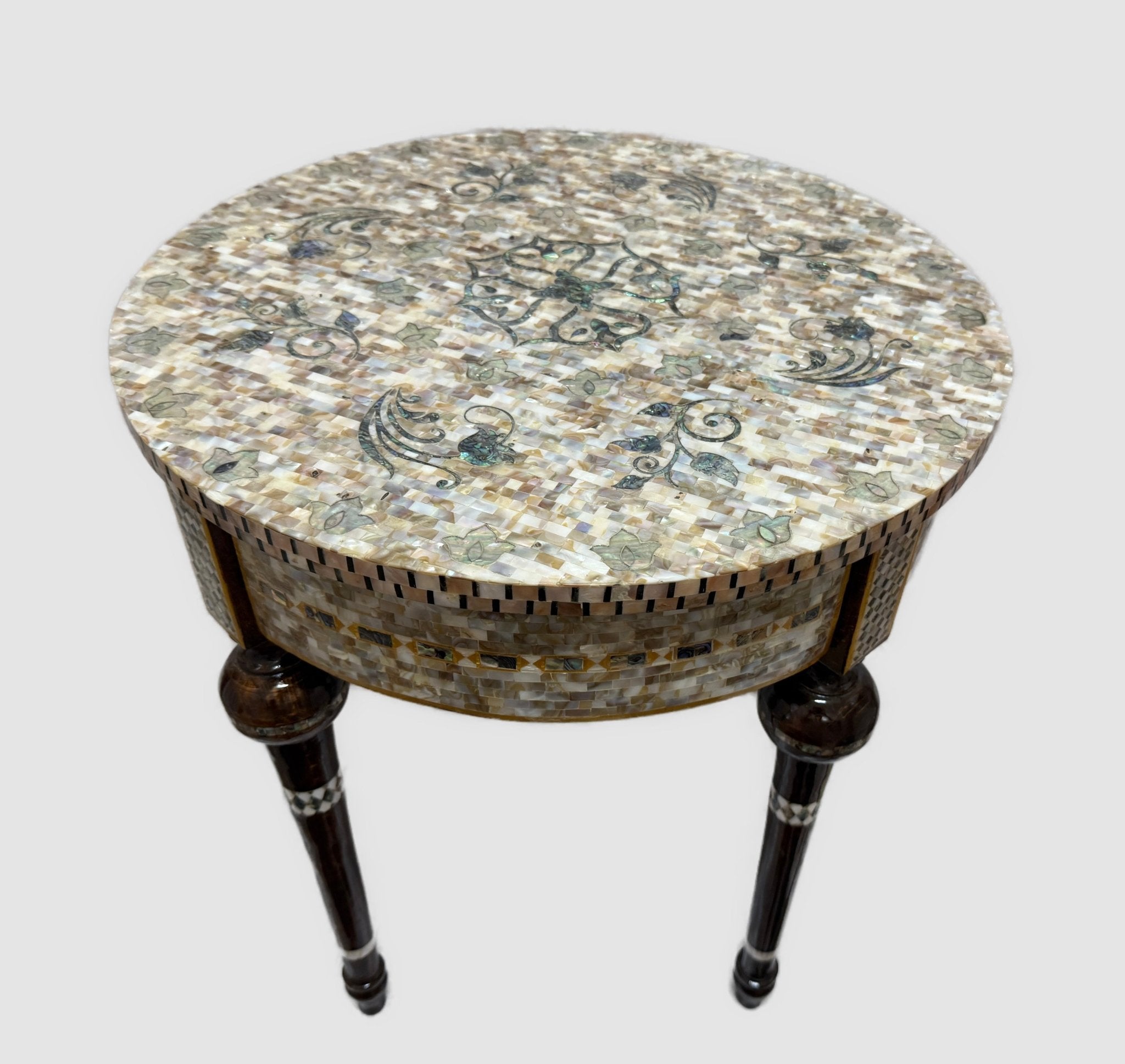 Handmade Mother of Pearl Inlay Round Side Table – 20.4” Wood Accent Table – Luxury Egyptian Artisan Furniture - Laila Hand Made Gifts