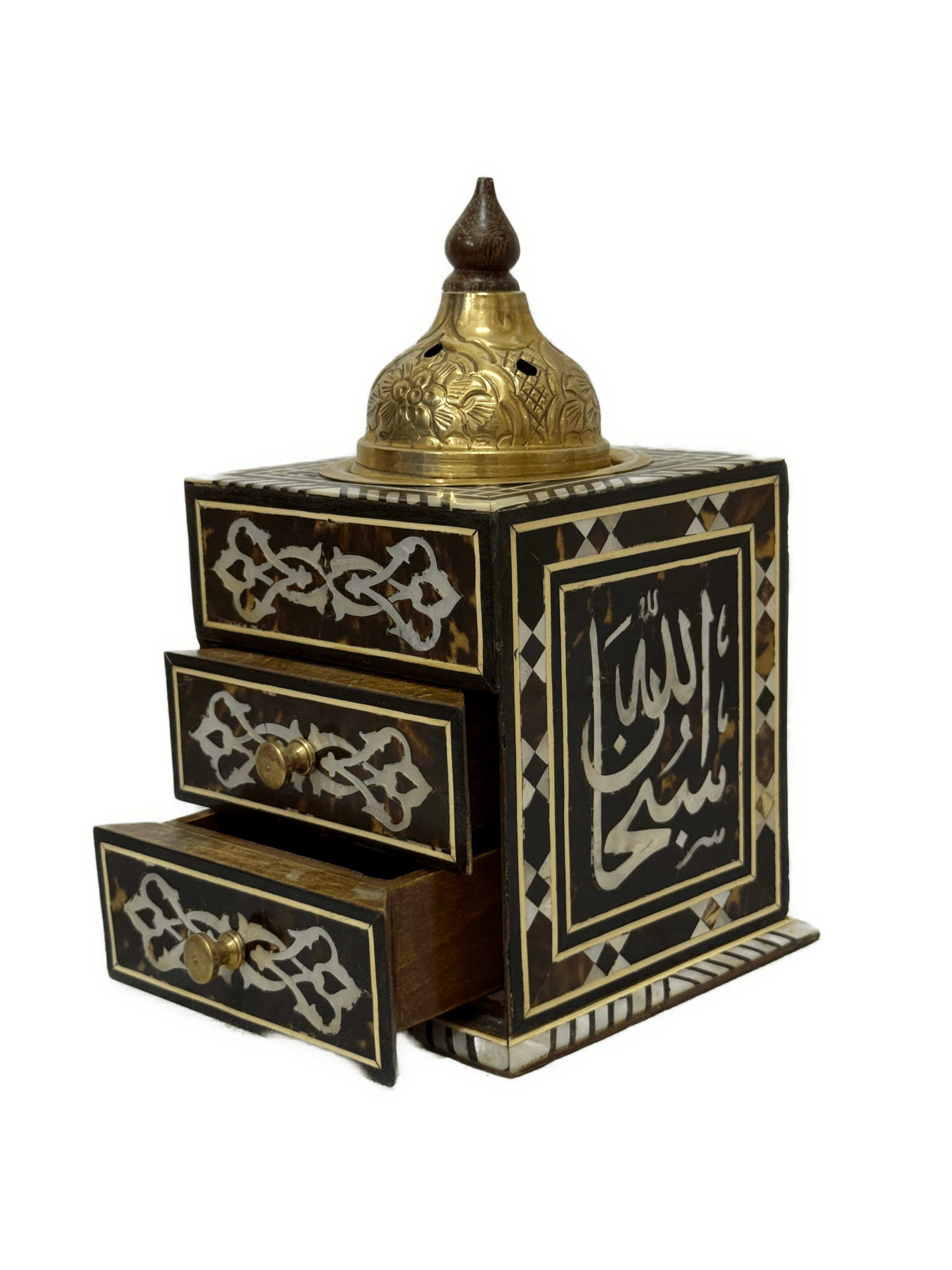 Handmade Wooden Incense Burner with Drawers & Brass Lid - Laila Hand Made Gifts