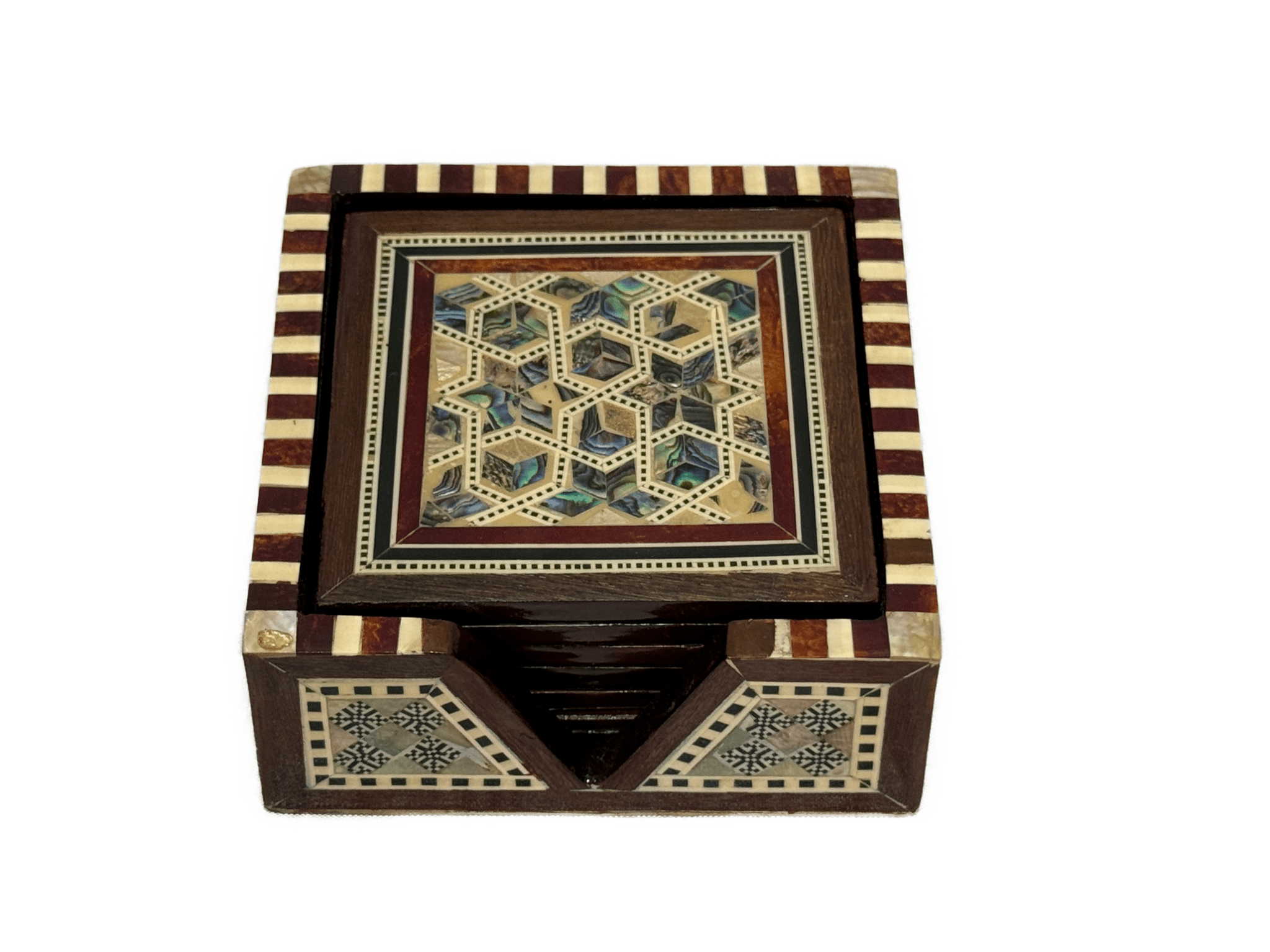 Handmade Mother of Pearl Coaster Set with Wooden Holder – Luxury Inlay Drink Coasters - Laila Hand Made Gifts