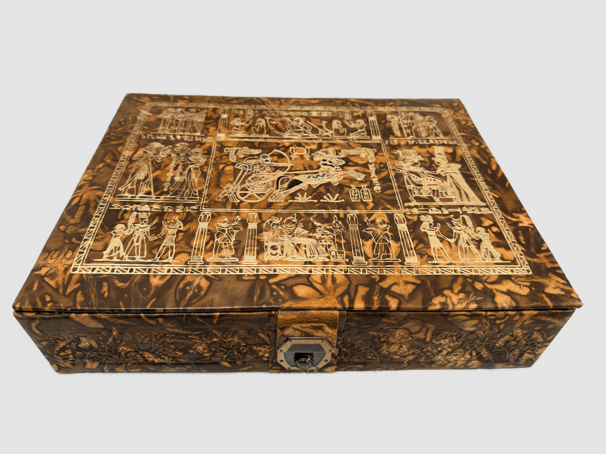 Handmade Genuine Leather Jewelry Box – Gold Embossed Pharaoh Design, Luxury Trinket Storage Box - Laila Hand Made Gifts