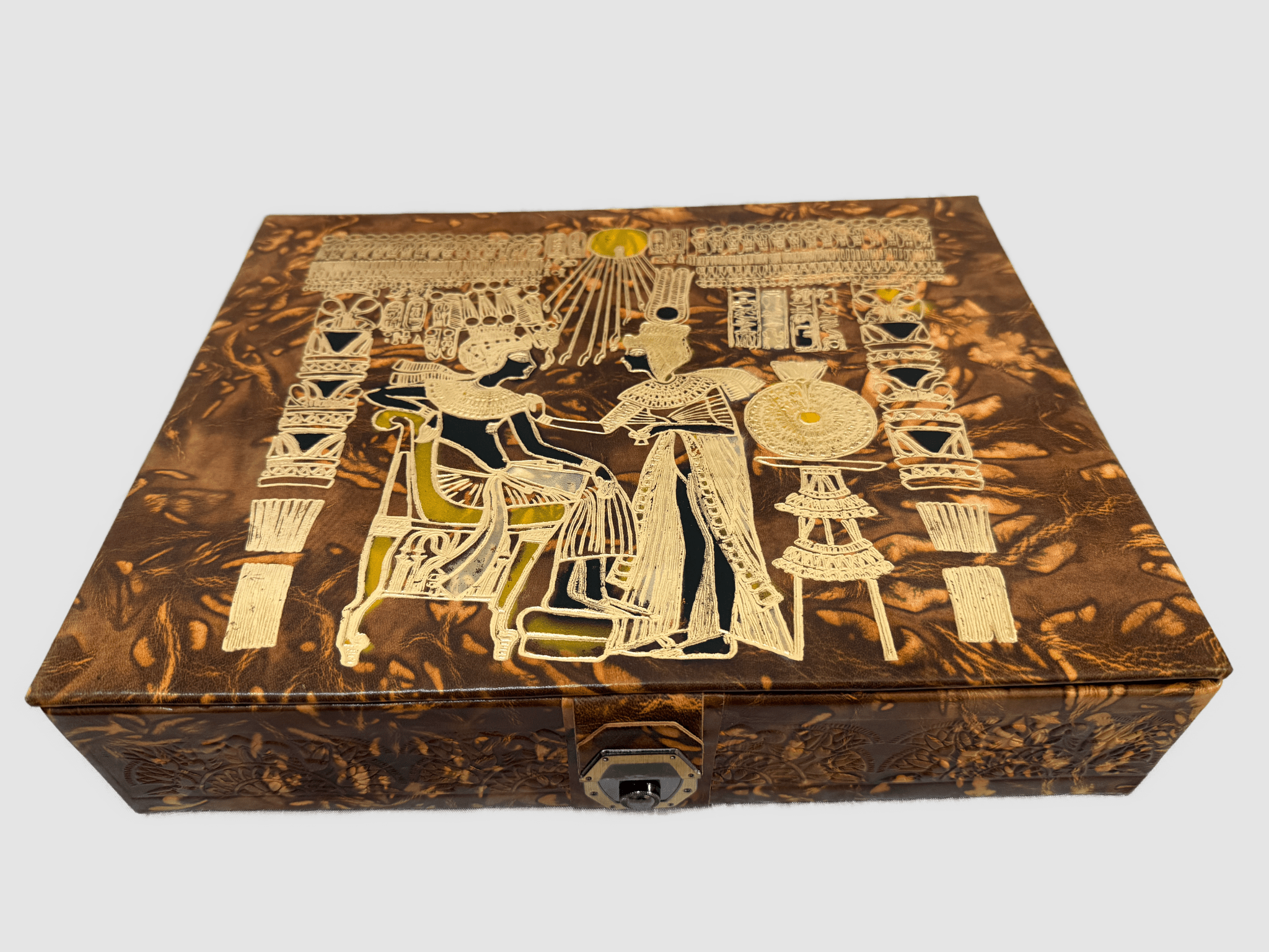 Handmade Genuine Leather Jewelry Box – Gold Embossed Pharaoh Design, Luxury Trinket Storage Box - Laila Hand Made Gifts