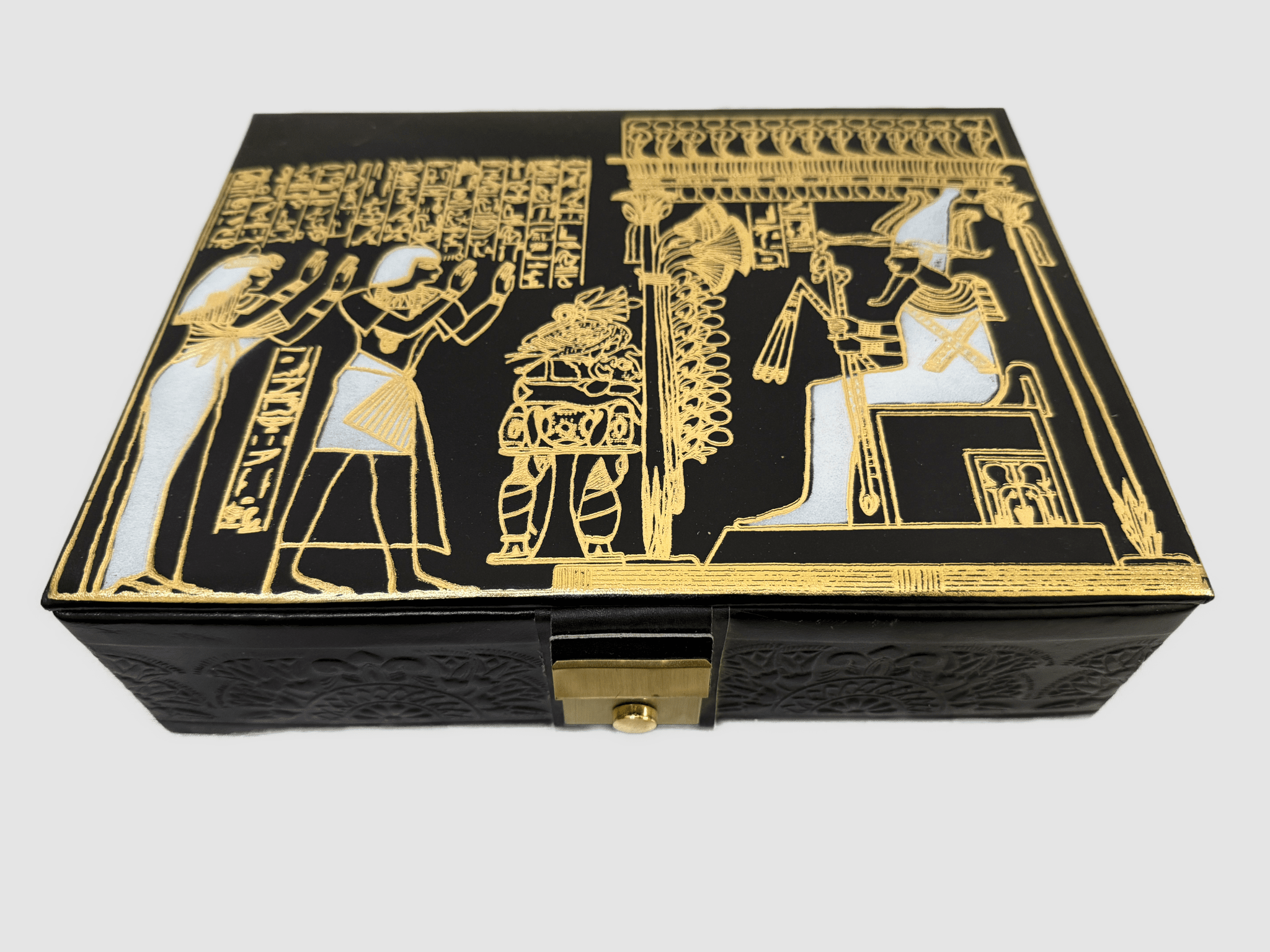 Handmade Genuine Leather Jewelry Box – Gold Embossed Pharaoh Design, Luxury Trinket Storage Box - Laila Hand Made Gifts