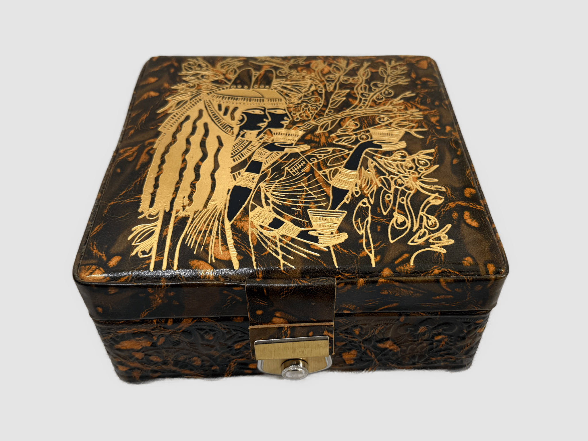 Handmade Genuine Leather Jewelry Box – Gold Embossed Pharaoh Design - Laila Hand Made Gifts