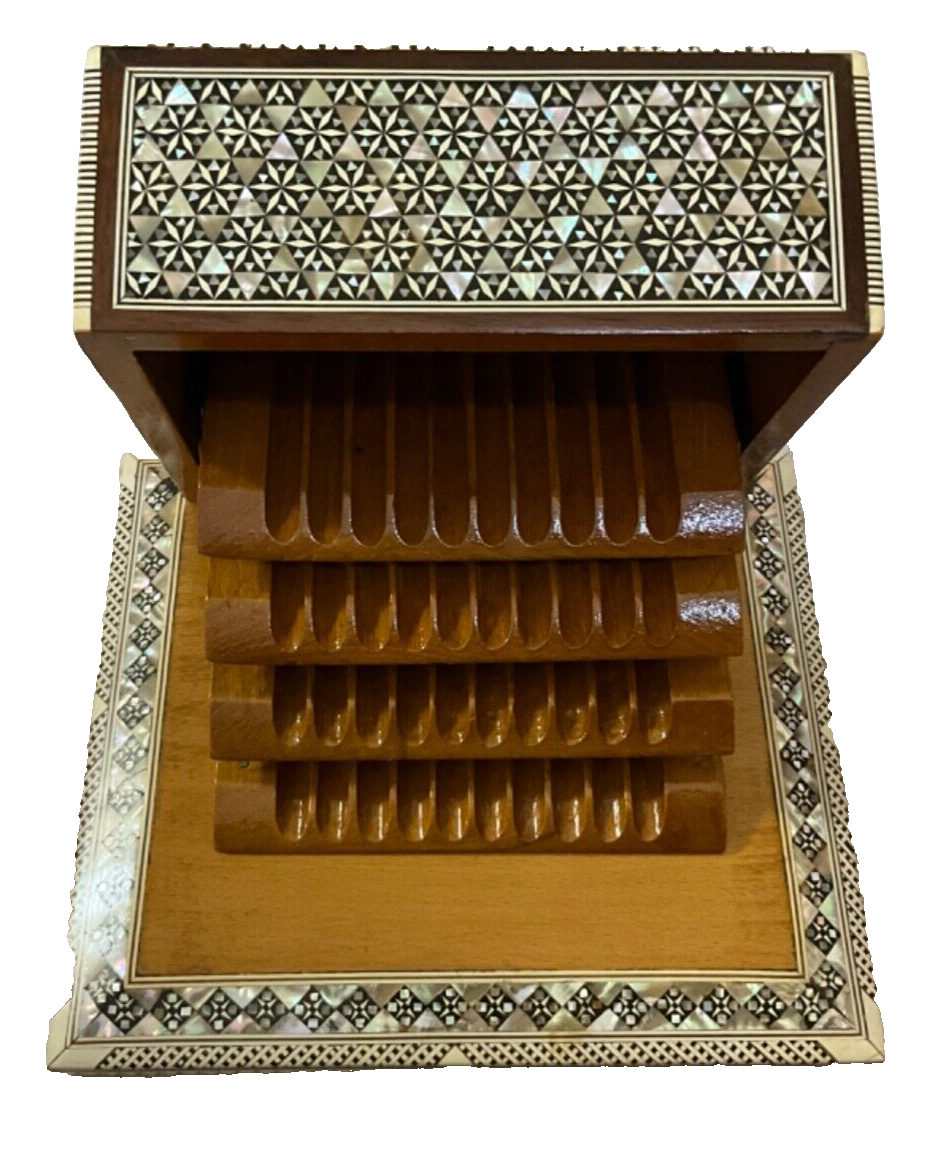Handmade Antique Wood Cigarette Box Carved Mother Of Pearl Inlay (40 Cigarettes)