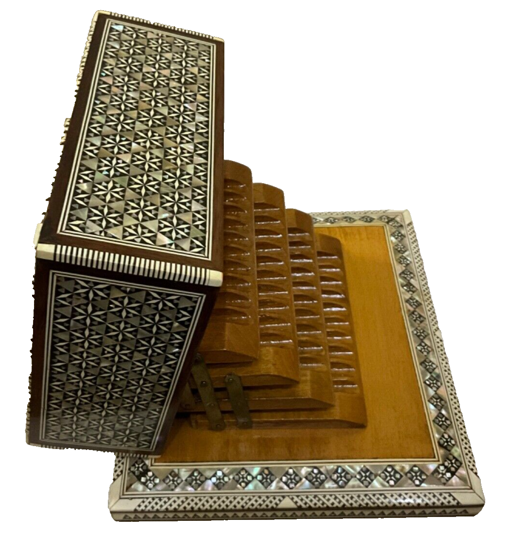 Handmade Antique Wood Cigarette Box Carved Mother Of Pearl Inlay (40 Cigarettes)