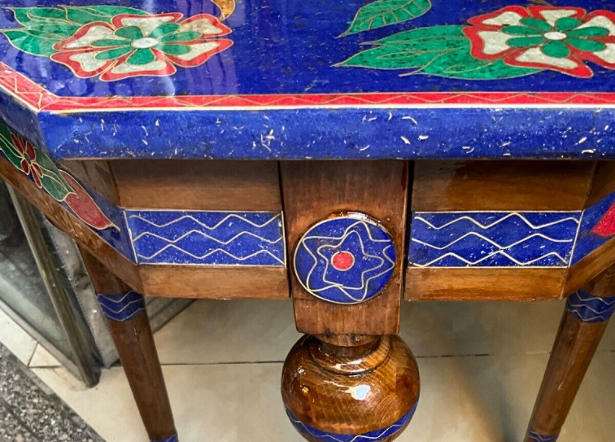 Handmade Wooden End Table Carving Wood Table Home Decor Mother of Pearl Inlay