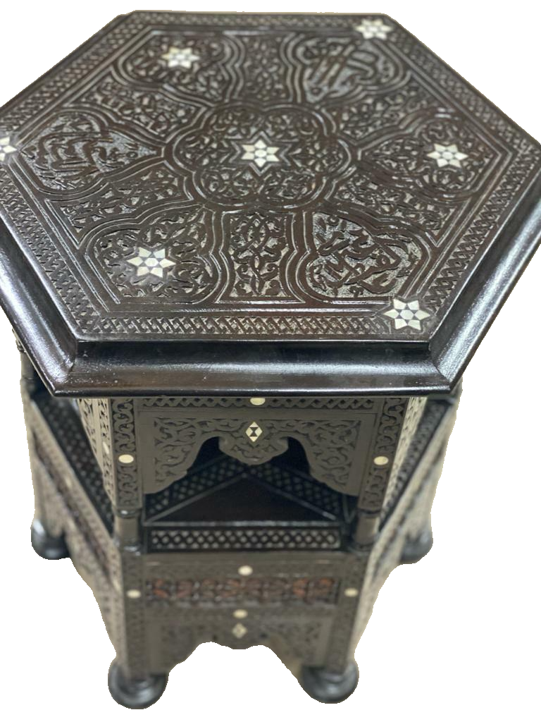 Handmade Wooden End Table Carving Wood Table Home Decor Mother of Pearl Inlay