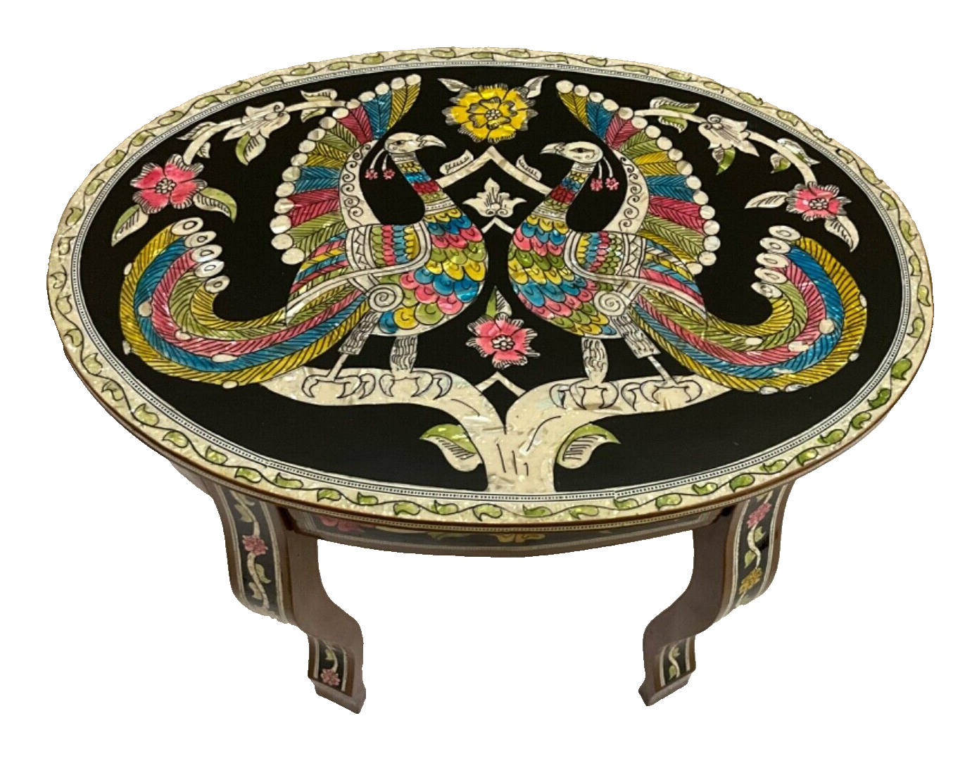 Handmade Wooden End Table Carving Wood Table Home Decor Mother of Pearl Inlay