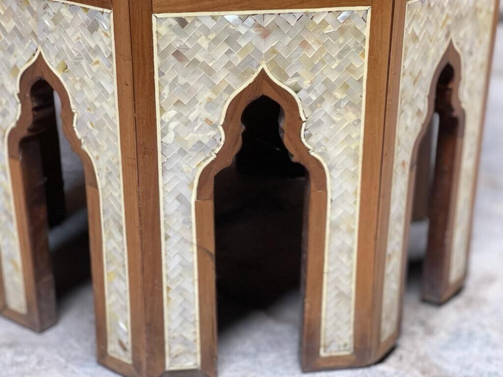 Handmade Wooden End Table Carving Wood Table Home Decor Mother of Pearl Inlay