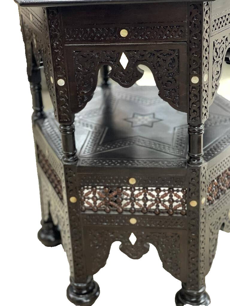 Handmade Wooden End Table Carving Wood Table Home Decor Mother of Pearl Inlay