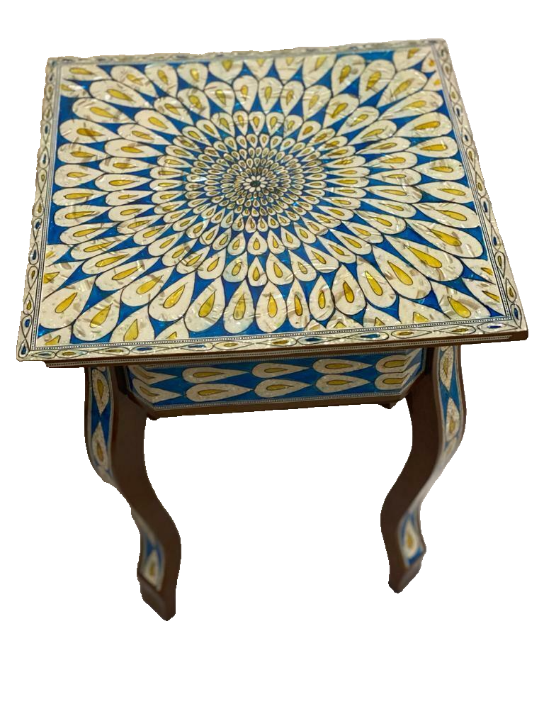 Handmade Wooden End Table Carving Wood Table Home Decor Mother of Pearl Inlay