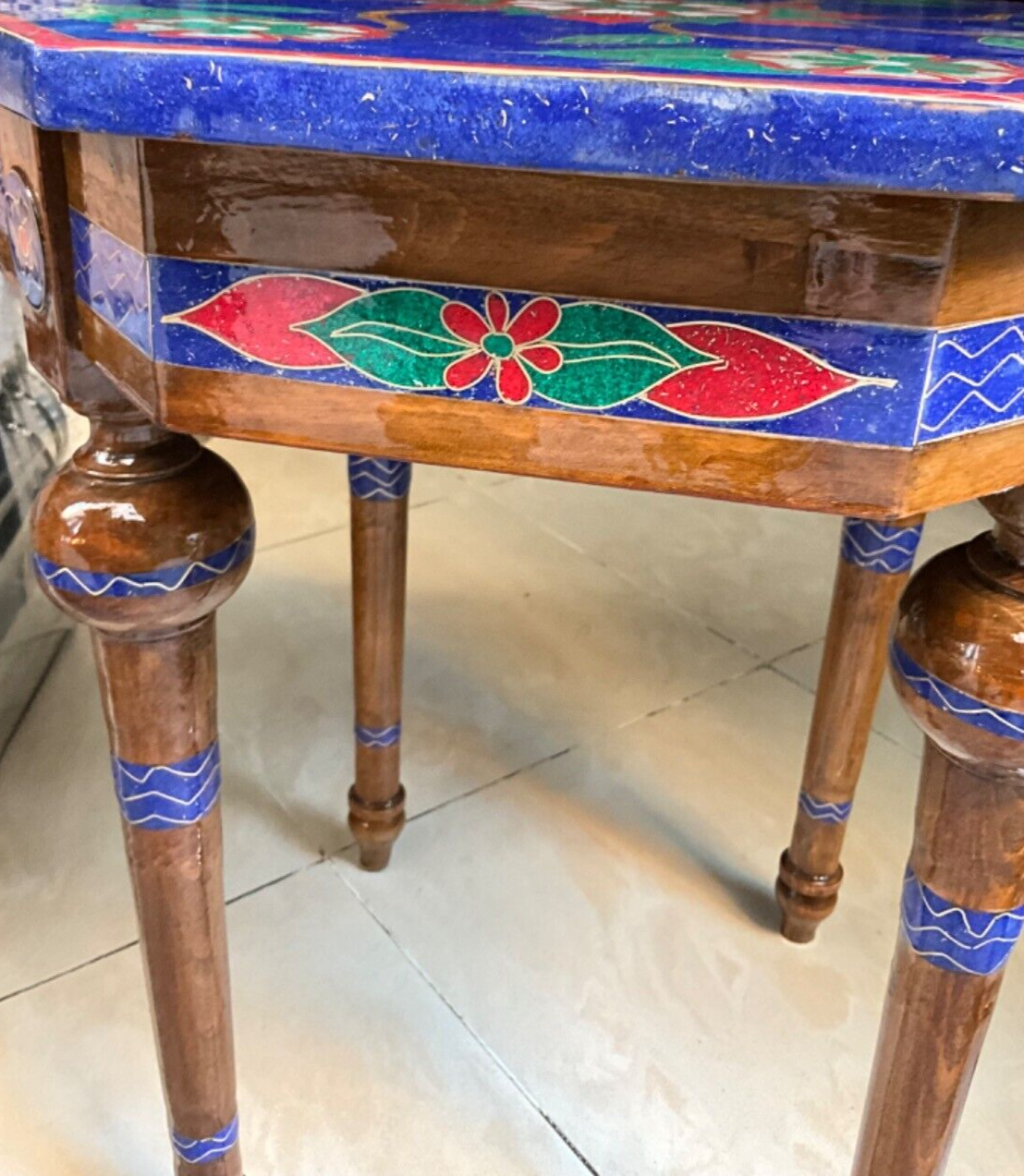 Handmade Wooden End Table Carving Wood Table Home Decor Mother of Pearl Inlay