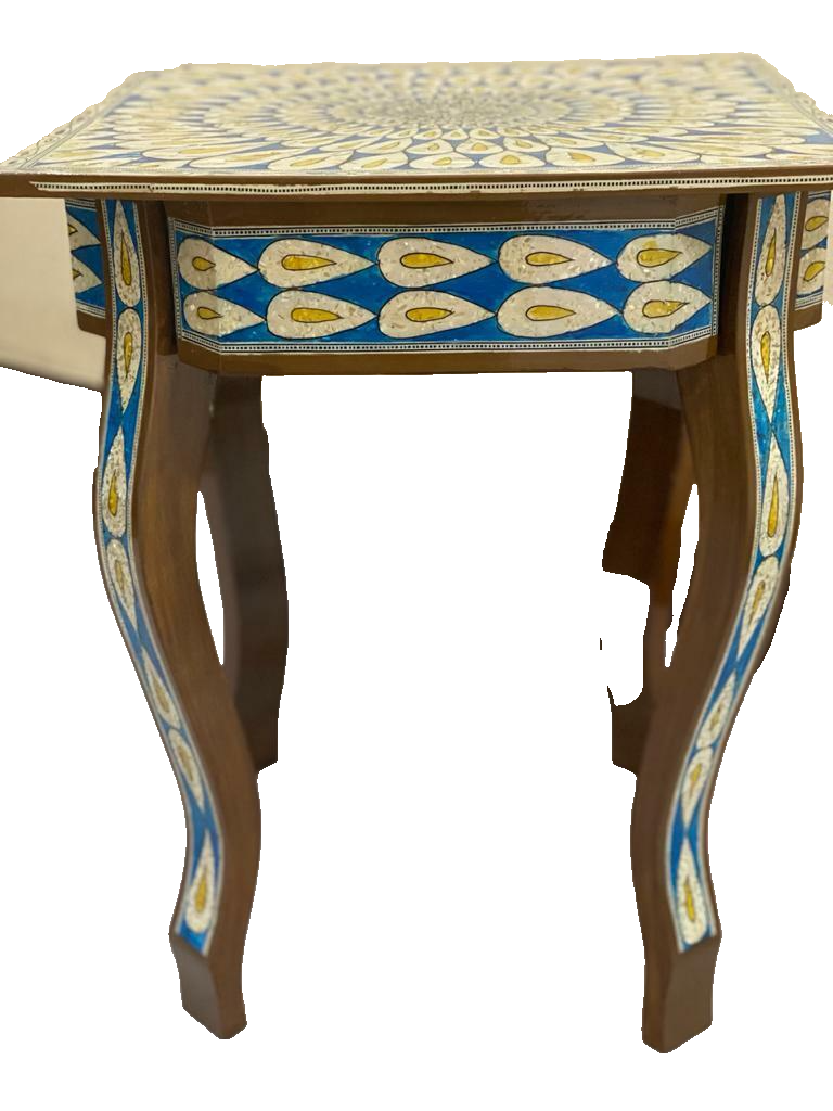 Handmade Wooden End Table Carving Wood Table Home Decor Mother of Pearl Inlay