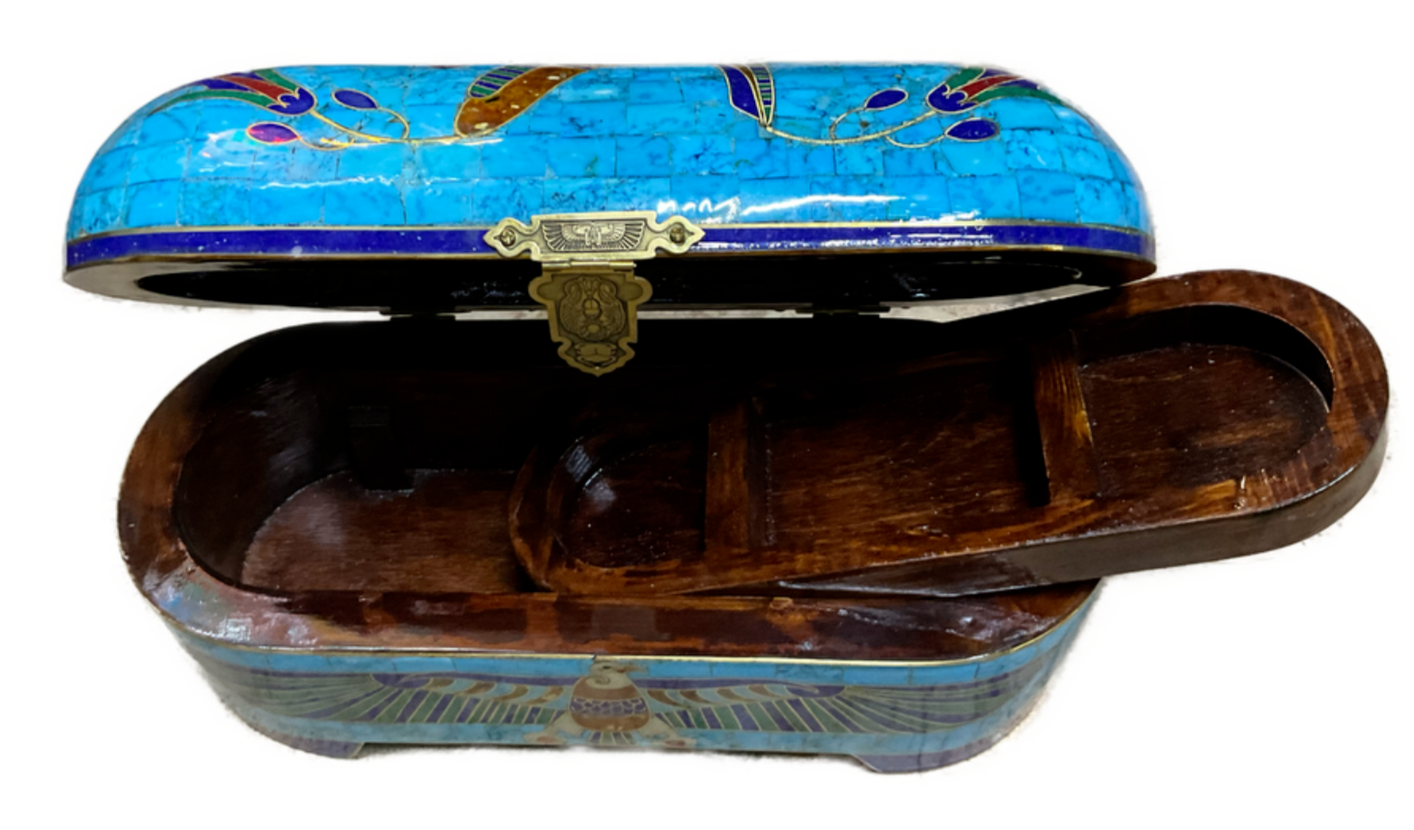 Handmade Antique Wood Jewelry Box, Gift Box, Wood Box, Inlaid Gemstones & Copper