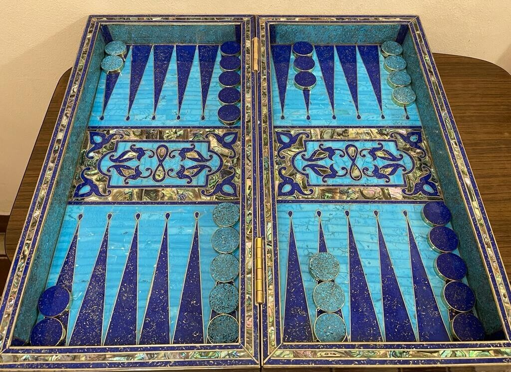 Handmade, Wooden Backgammon Board, Chess Board, Mother of Pearl, Gemstone Inlay