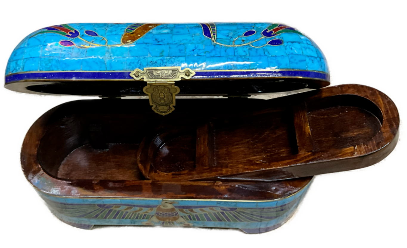 Handmade Antique Wood Jewelry Box, Gift Box, Wood Box, Inlaid Gemstones & Copper